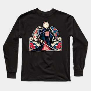 Kawaii Cat Anime Japanese Retro Samurai Novelty Funny Cat Long Sleeve T-Shirt